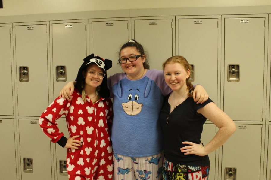 Juniors show their school spirit: Kali Poole, Maddy Hannold, and Meghan Johnson sport their pajamas for Mondays spirit day. 