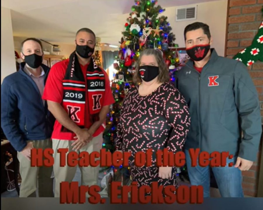 While school was all virtual in December, math teacher Connie Erickson received news at her home that she is the 2020-21 Teacher of the Year. L-R: Guidance Director, Michael Schiff; Principal, Melvin Allen, Connie Erickson; Superintendent, James Lavender